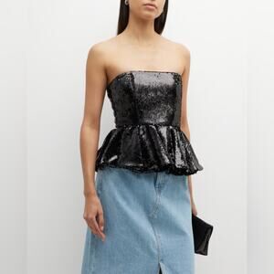 RONNY KOBO nelli sequin peplum tube top Strapless Crop Top black medium